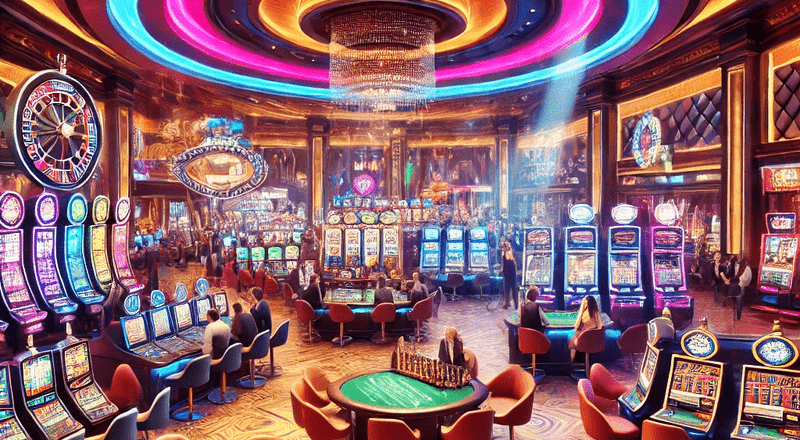 A vibrant and luxurious casino scene featuring a mix of slot machines, card tables, roulette wheels, and poker tables. The setting should include colo